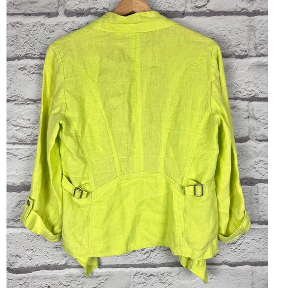 CHICO'S Women's S Lime Green 100% Linen Flyaway Francesca Roll Tab Open Jacket - Picture 4 of 8